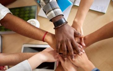 Posed photo of group of hands in a circle, diverse races shown